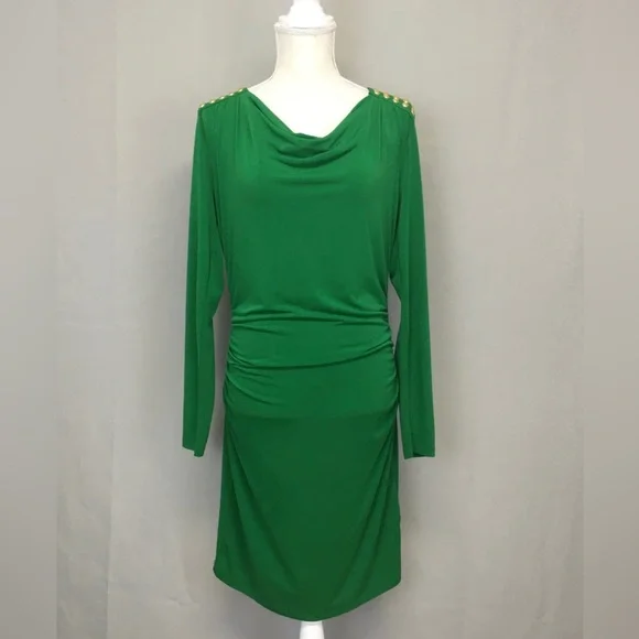 Michael Kors Dresses | Michael Kors Studded Drape Neck Dress Long Sleeve Jersey Ruched Side Green Gold | Color: Green | Size: Xl | Grizelda25's Closet